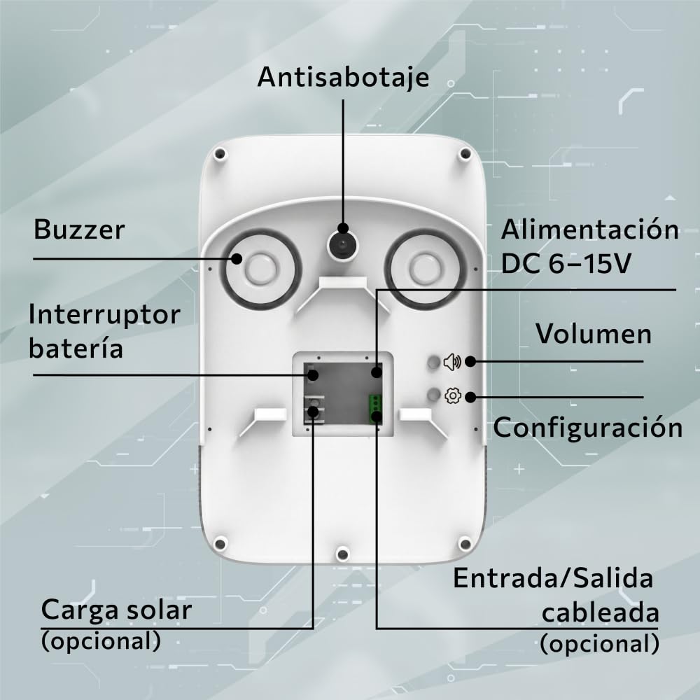 Sirena Alarma Exterior inalámbrica 120 dB con antisabotaje – batería de Respaldo 5000 mAh, Compatible con Sistemas Alarma HUXGO – Resistente a la Intemperie, Sirena casa