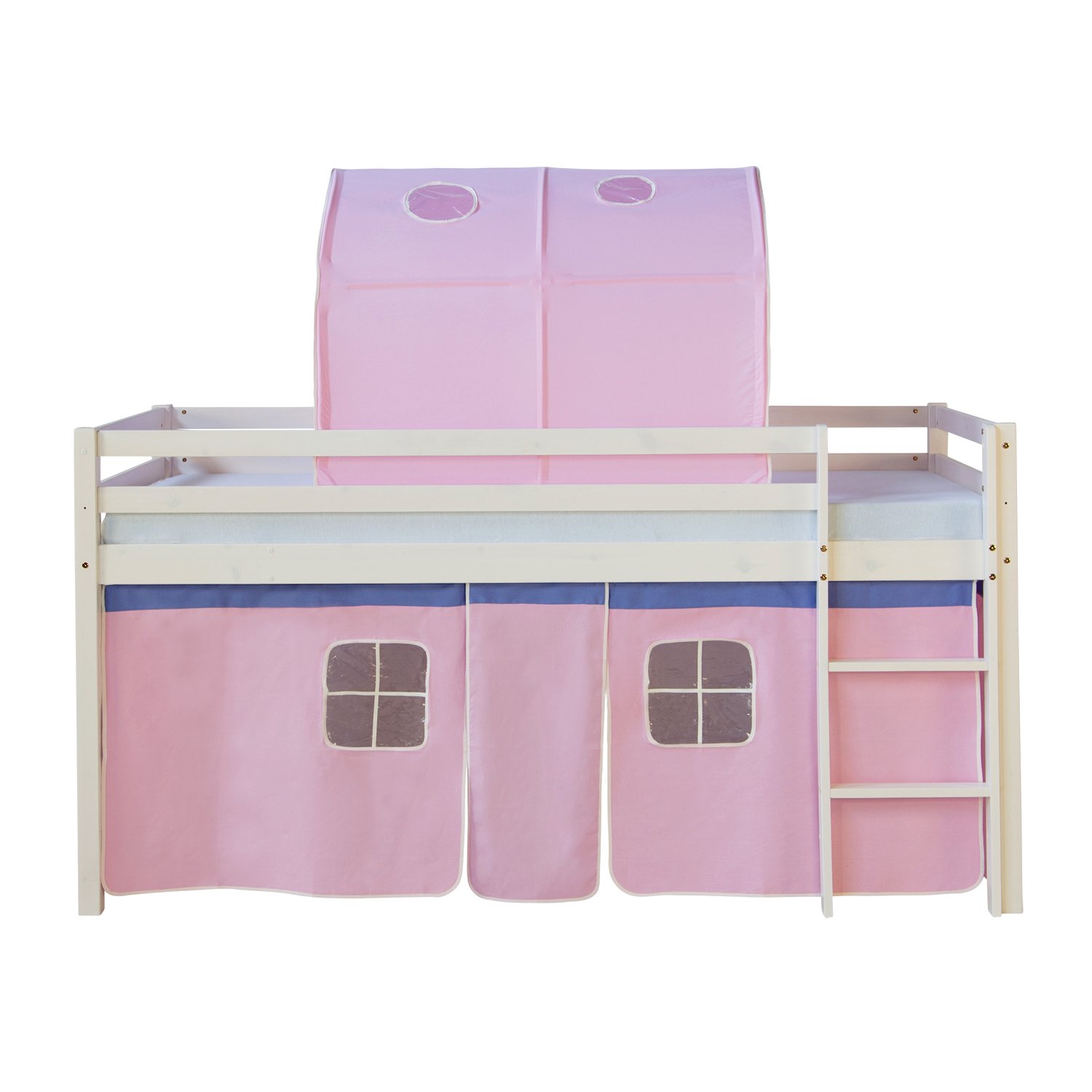 Homestyle4u Kinderbett 90x200 Weiß – Hochbett mit Treppe, Tunnel und rosa Vorhang (Kiefer Massivholz)