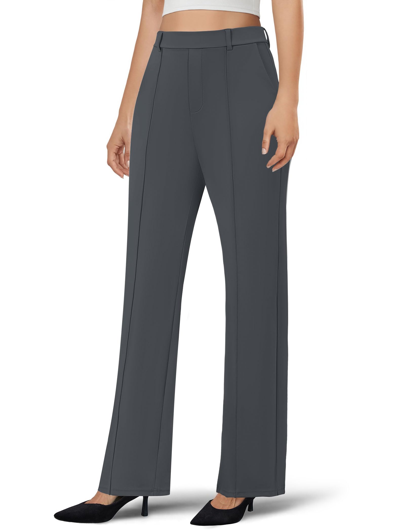 Womens Dress Pants Business Casual Stretchy Work Pants High Waisted Pull On Slacks Office Wide Leg Trousers Dark