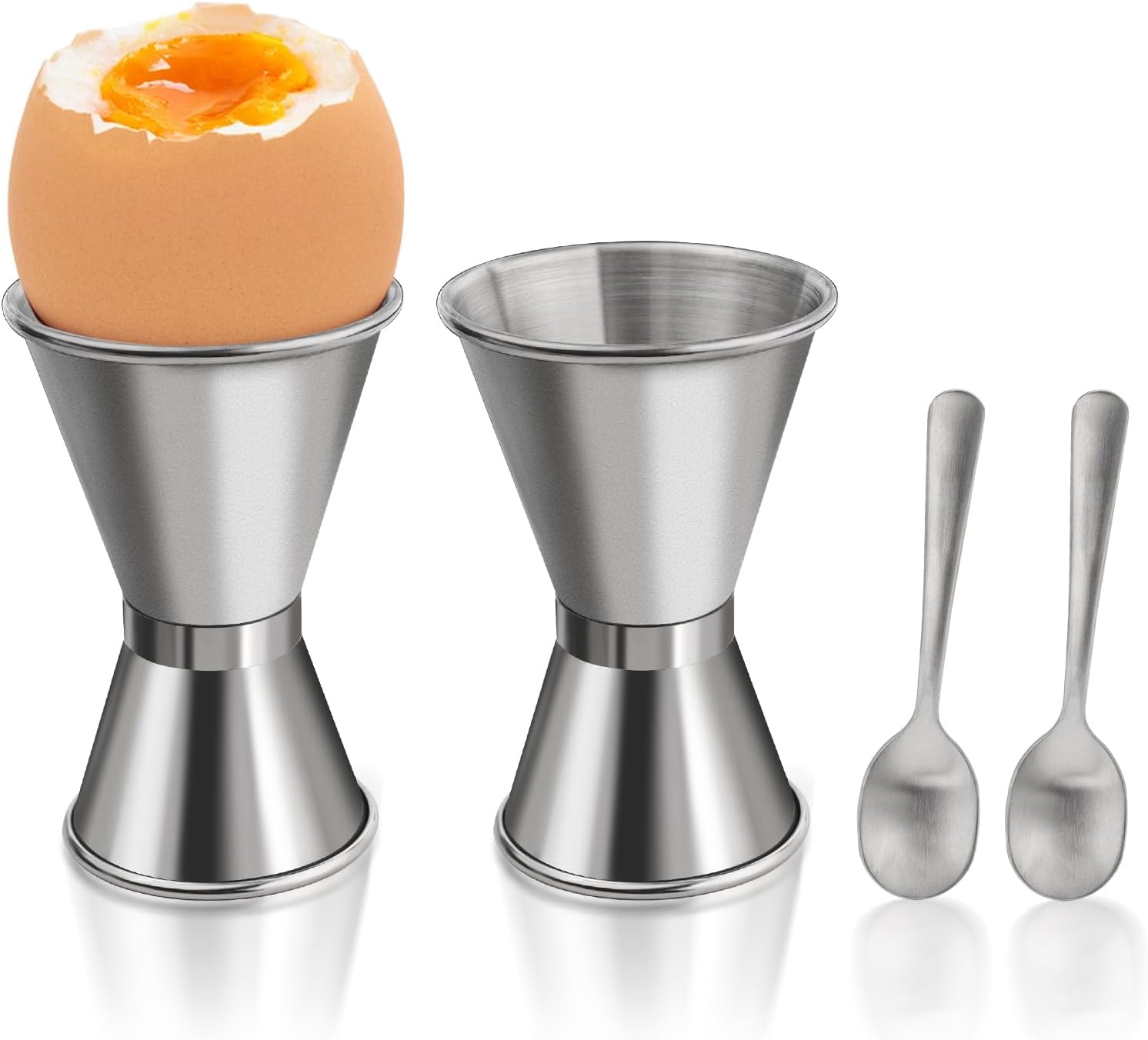 4-Piece Set Stainless Steel Egg Cups with Spoons, Hard & Soft Boiled Egg Holder Stand, Metal Jigger Kitchen Tool for Breakfast Dining Home Party Cafe Restaurant (Silver)