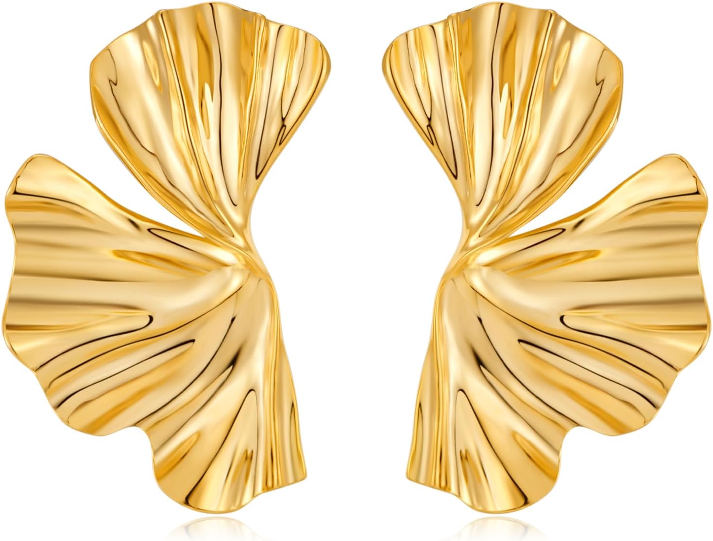 Chunky Gold Statement Earrings For Women Gold Plated Sectored Flower Leaf Shell Angel Wing Earrings Trendy Boho Jewelry For Women Large Stud Earrings Hypoallergenic Earrings