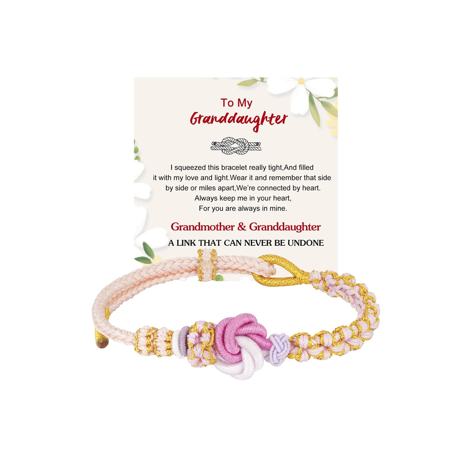 LIU JUN For Granddaughter - A Link That Can Never Be Undone Peach Blossom Knot Bracelet, From Grandma Always Brave And Strong Adjustable Braided inspirational Christmas Gift Jewelry