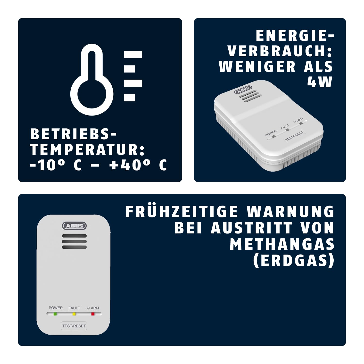 ABUS Gasmelder GWM100ME für Gasthermen - Erdgas (Methan) / Stadtgas - Alarmlautstärke 85 dB - weiß