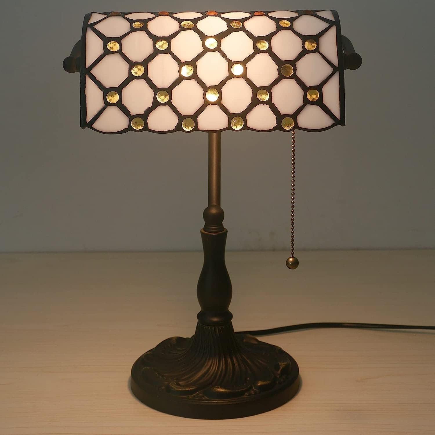 Bankiers Tischlampe, farbige Glaslampe, Kristallperlenschreibtischlampe, Schlafzimmer in der Nacht Leselampe (weißer gelbe Glasperlenschatten) Innovate