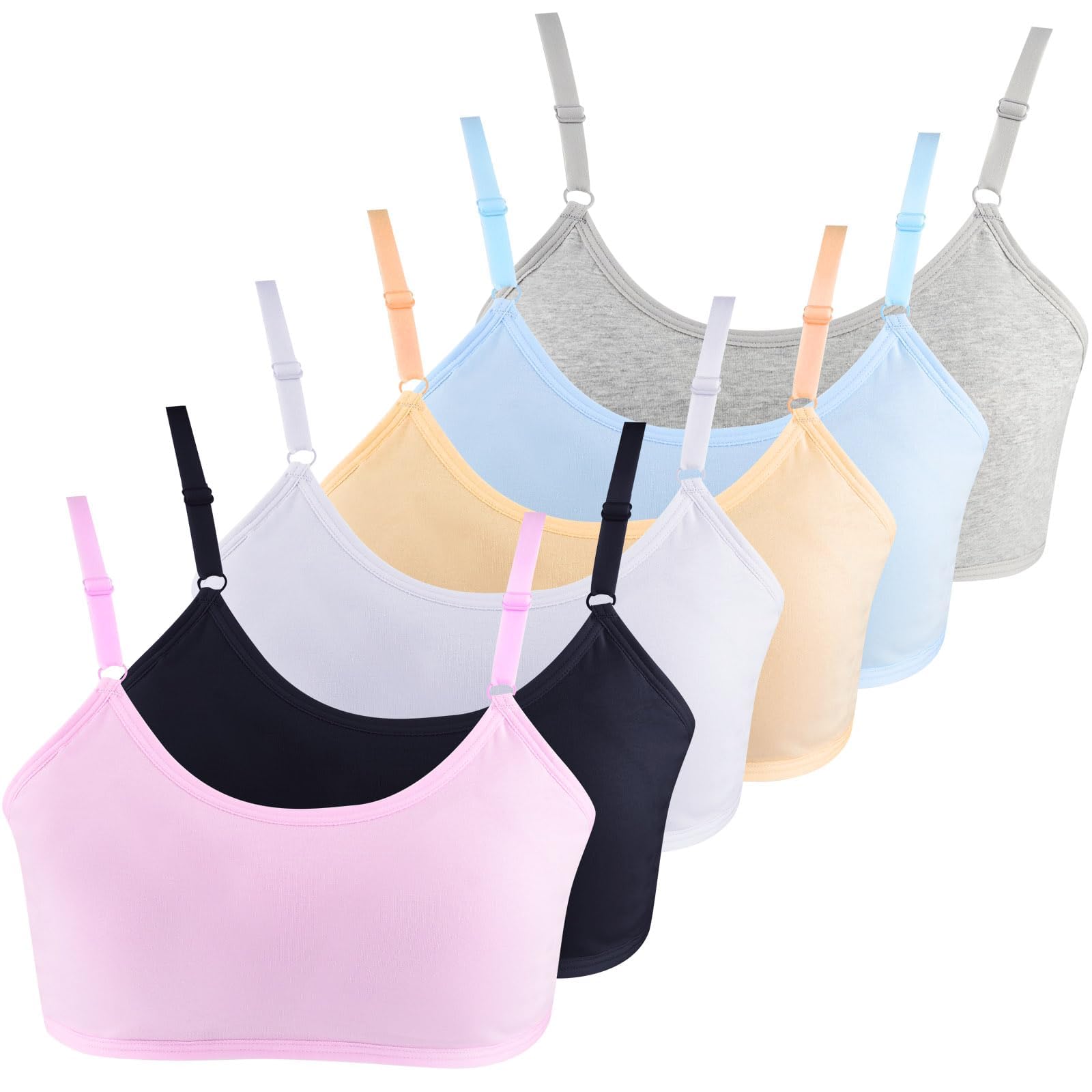 6 Pack Sports Bra for Girls, Cotton Training Crop Bras with Adjustable Strap Seamless Sports Underwear, Teenage Girls Crop Top for 10-16 Years