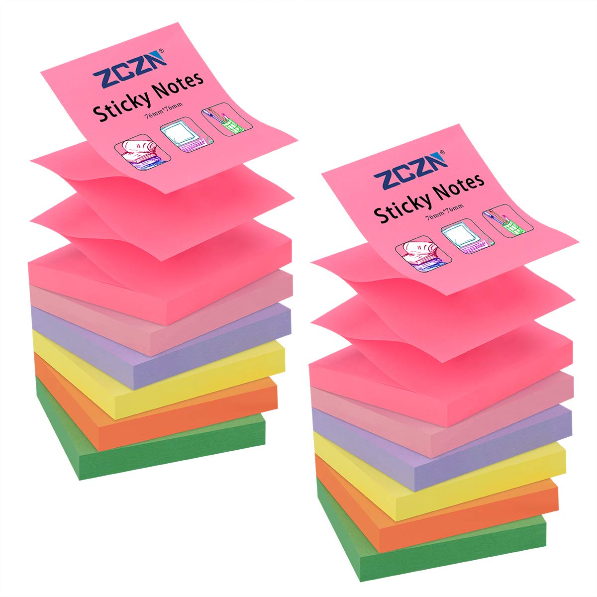 ZCZN Pop-up Sticky Notes 76 x 76 mm, 12 Pads Assorted Colours Self-Stick Z Notes, 100 Sheets/Pad, (Orange,Yellow,Pink,Light Purple,Rose Red,Green)