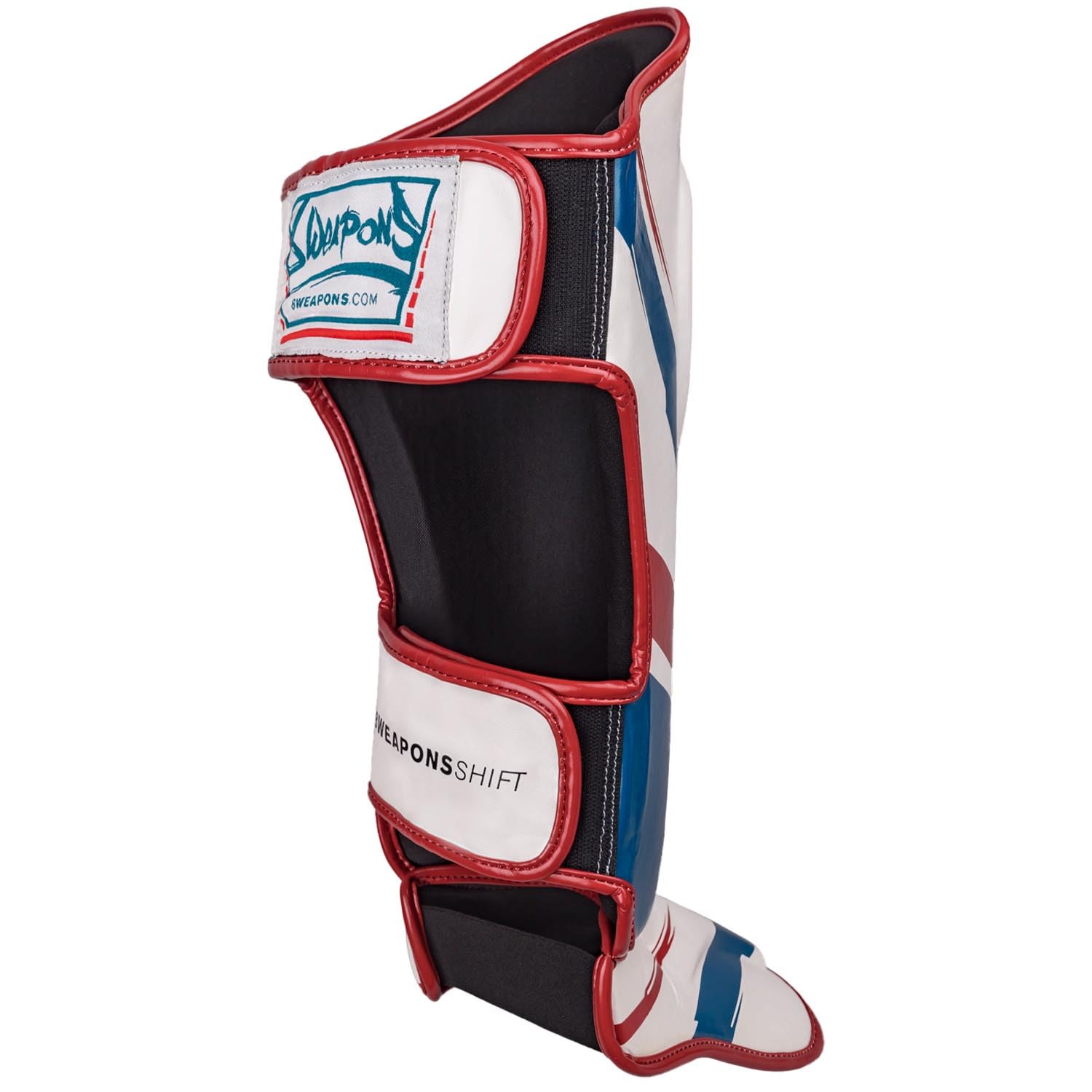 8 WEAPONS Espinilleras Shift, blanco y rojo marino, entrenamiento y competición, piel sintética de alta calidad y amortiguación perfecta, Muay Thai, K1, MMA, karate y kickboxing