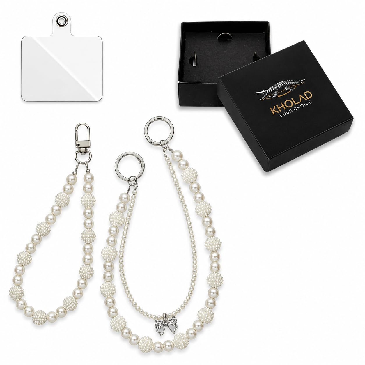 KHOLAD White Pearl & Silver Bow Beaded Phone Wrist Strap with Tether Tab | Universal Phone Lanyard Strap for iPhone & Android, Anti-Drop Hand Strap Charm | Stylish Mobile Holder for Women & Girls-image-29