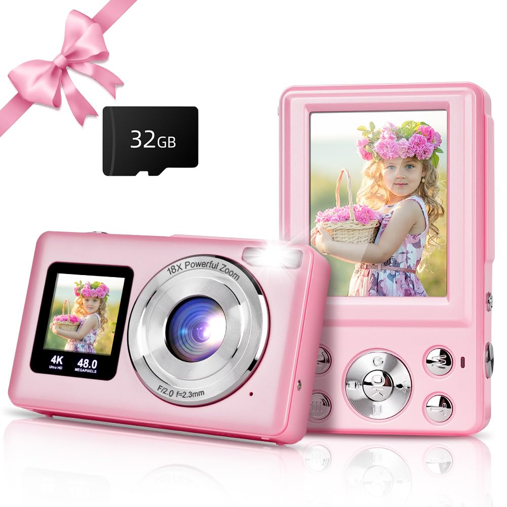 Ainiv Macchina Fotografica, 4K Fotocamera Digitale, 48MP Ricaricabile Macchina Fotografica Compatta con 32G TF Card, 18X Zoom, 2.4" + 1.3" Doppio Schermo per Bambini, Adolescenti e Principianti Rosa
