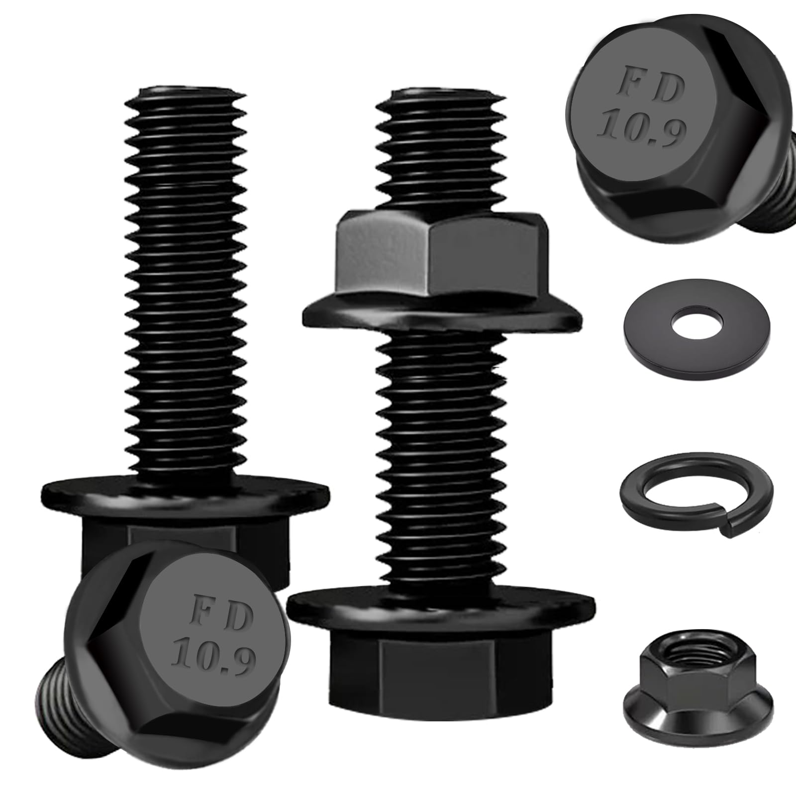 Ruibapa 10 Sets M8-1.25 x 30mm Flanged Hex Head Bolts,Flange Nuts,Flat & Lock Washers,10.9 Black Zinc Plated,Full Thread,Alloy Steel