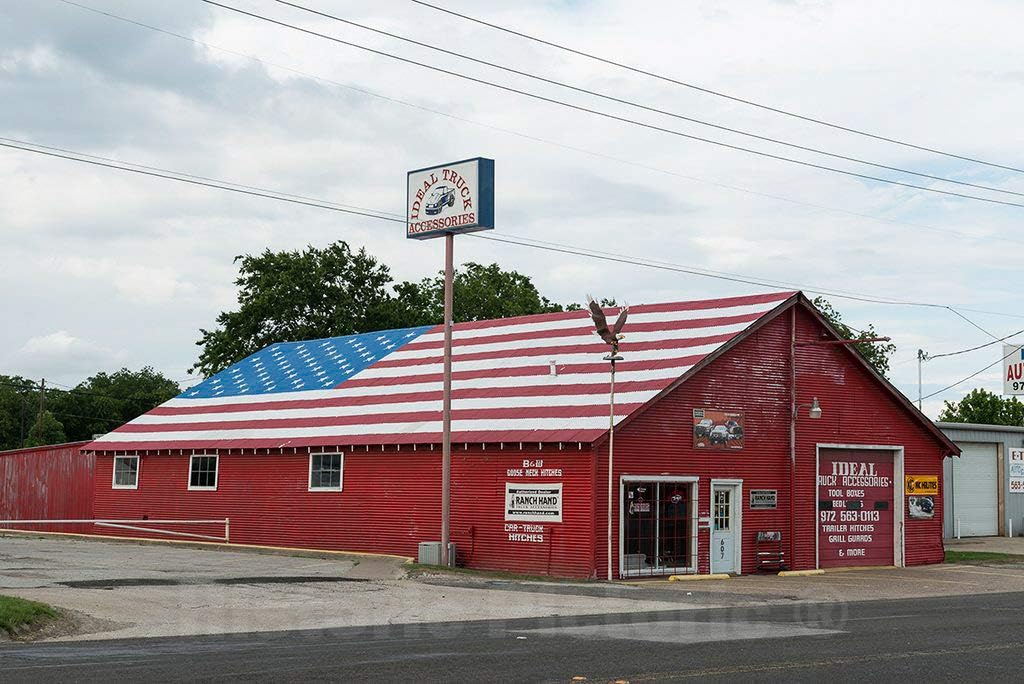 Historic Pictoric Photo - Truck-Parts Store with a Colorful, Patriotic-Themed Painted roof in Terrell, Texas, East of Dallas- Fine Art Photo Reporduction 12in x 08in
