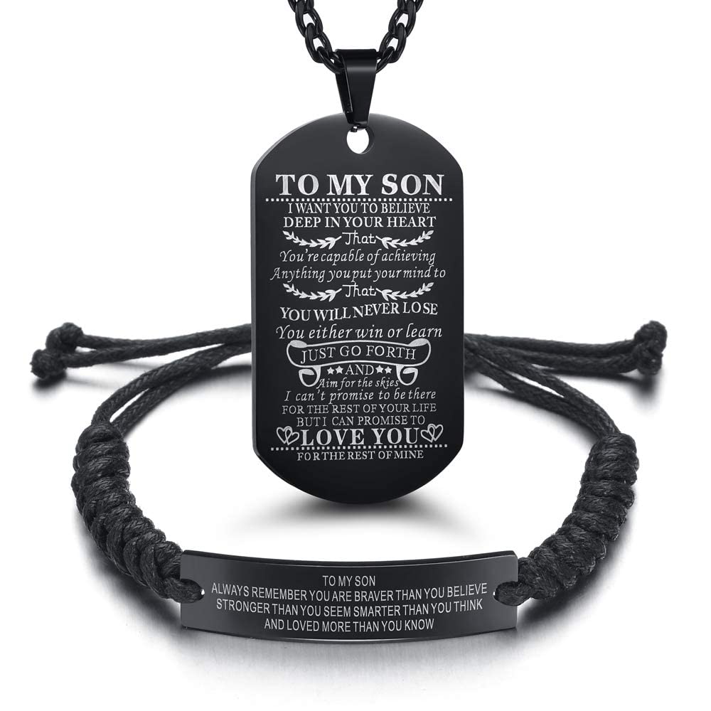 Set of 2 Gift to Son from Mom and Dad You Will Never Lose Customized Dog Tag Necklace with Adjustable Bracelet Braided for Graduation Birthday Valentines Gifts(Stainless steel, Black)