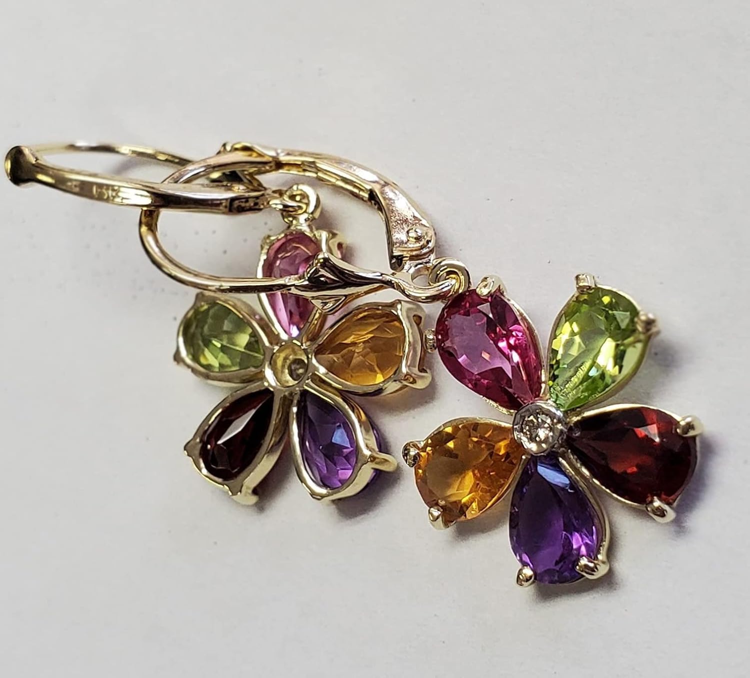 14k Solid Yellow Gold Leverback Flower Earrings with Multi-Gemstones - Image 3