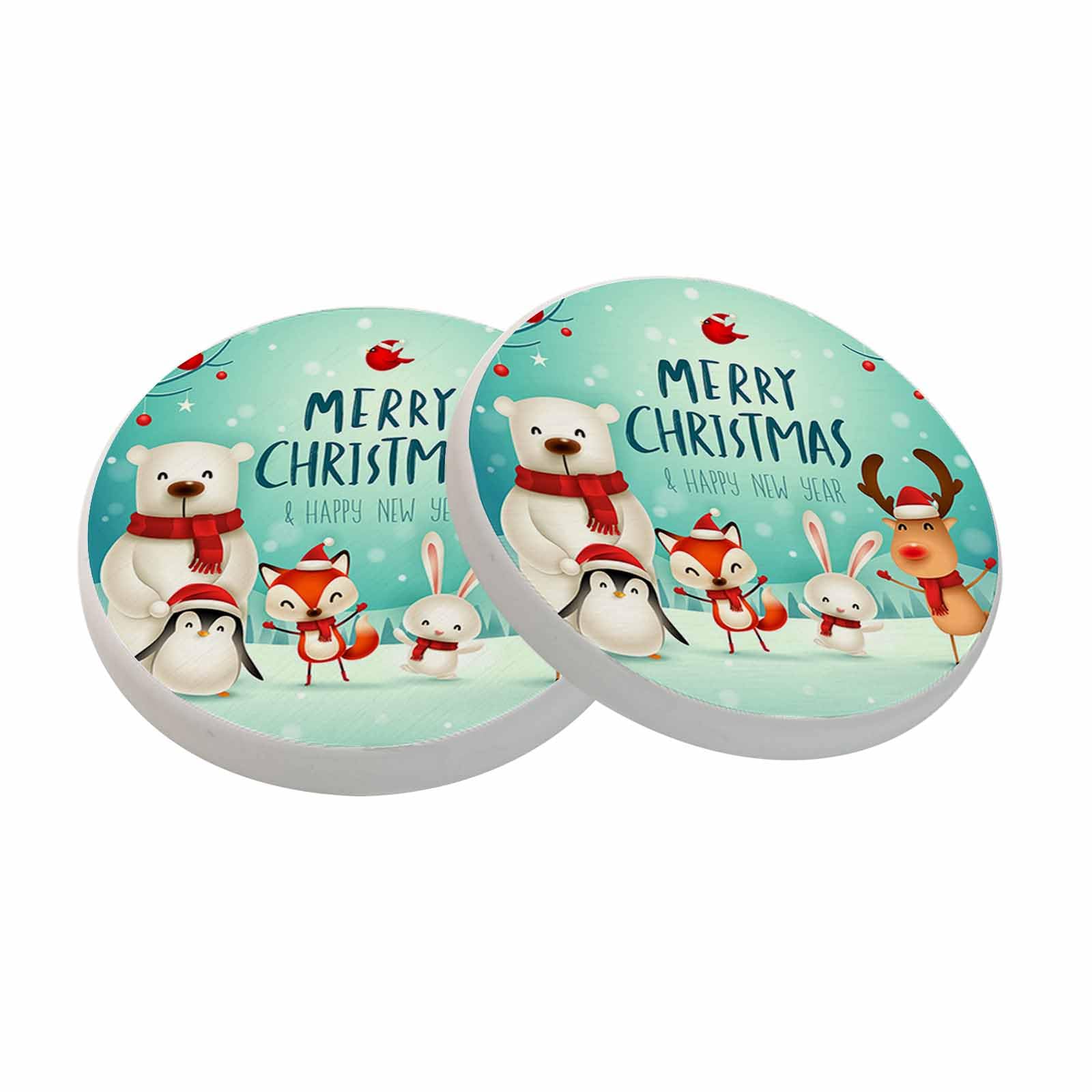 oFloral Merry Christmas Coasters for Drinks Polar Bear Fox Elk Penguin Bunny Year Drink Coaster Round 4 Inch for Coffee Table House Gifts Home Decor