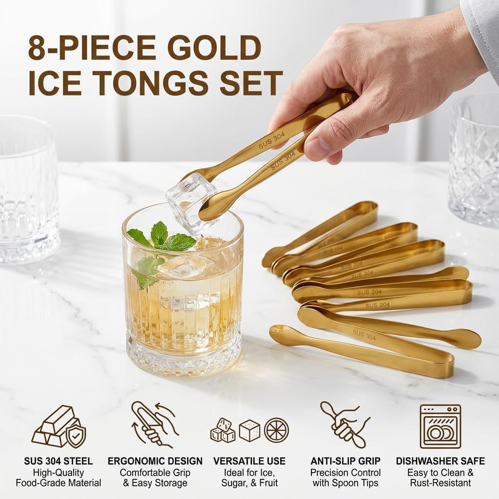 8 Pack Gold Mini Serving Tongs, 4.3 Inch Stainless Steel Small Tongs, Tiny Appetizer Tongs for Charcuterie Board, Sugar Cubes, Ice, Desserts, Buffet, Tea Party, Party & Wedding Serving Tools