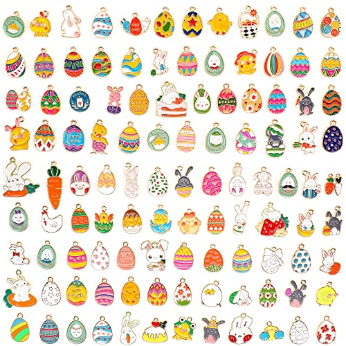SANNIX 110Pcs Easter Charms Easter Charms for Jewelry Making Assorted Egg Chick Bunny Rabbit Bulk Gold Enamel Charm Spring Pendants for Crafts Bracelet Necklace Earrings