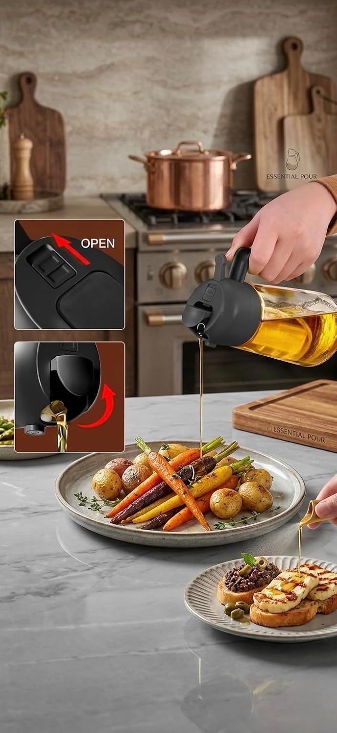2 in 1 Glass Oil Sprayer and Dispenser for Cooking – Olive Oil Spray Bottle with Brush & Funnel – Leakproof, Fine Mist & Portion Control Oil Sprayer for Air Fryer, Salad, BBQ (470ml)