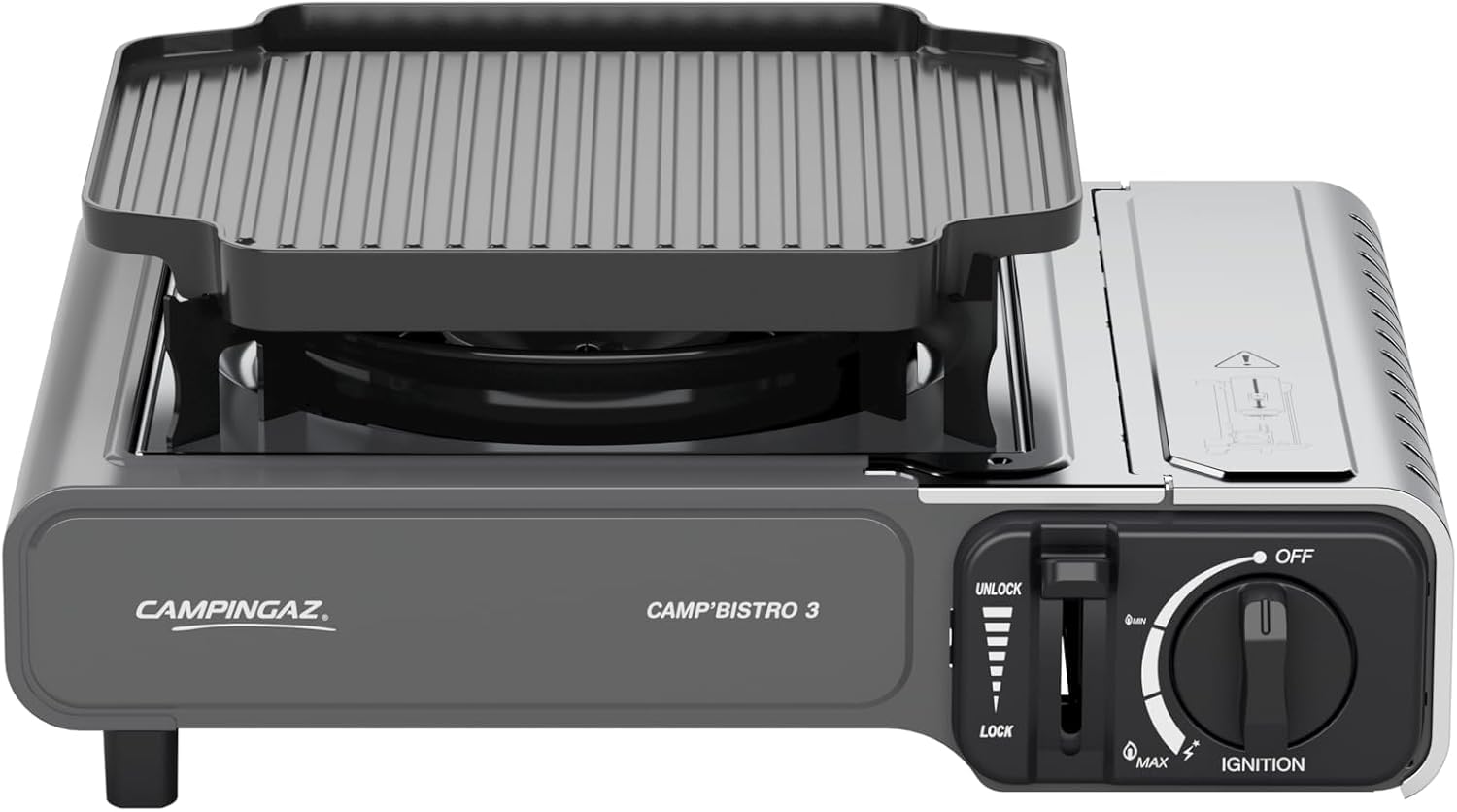 FYSHOP | Camp Bistro 3 Combo Hornillo y Plancha | Hornillo Camping de 1 Quemador | Cocina portátil compacta para Exteriores | Incluye 4 cartuchos de gas y Linterna | Camp'Bistro 3 hornillo con plancha