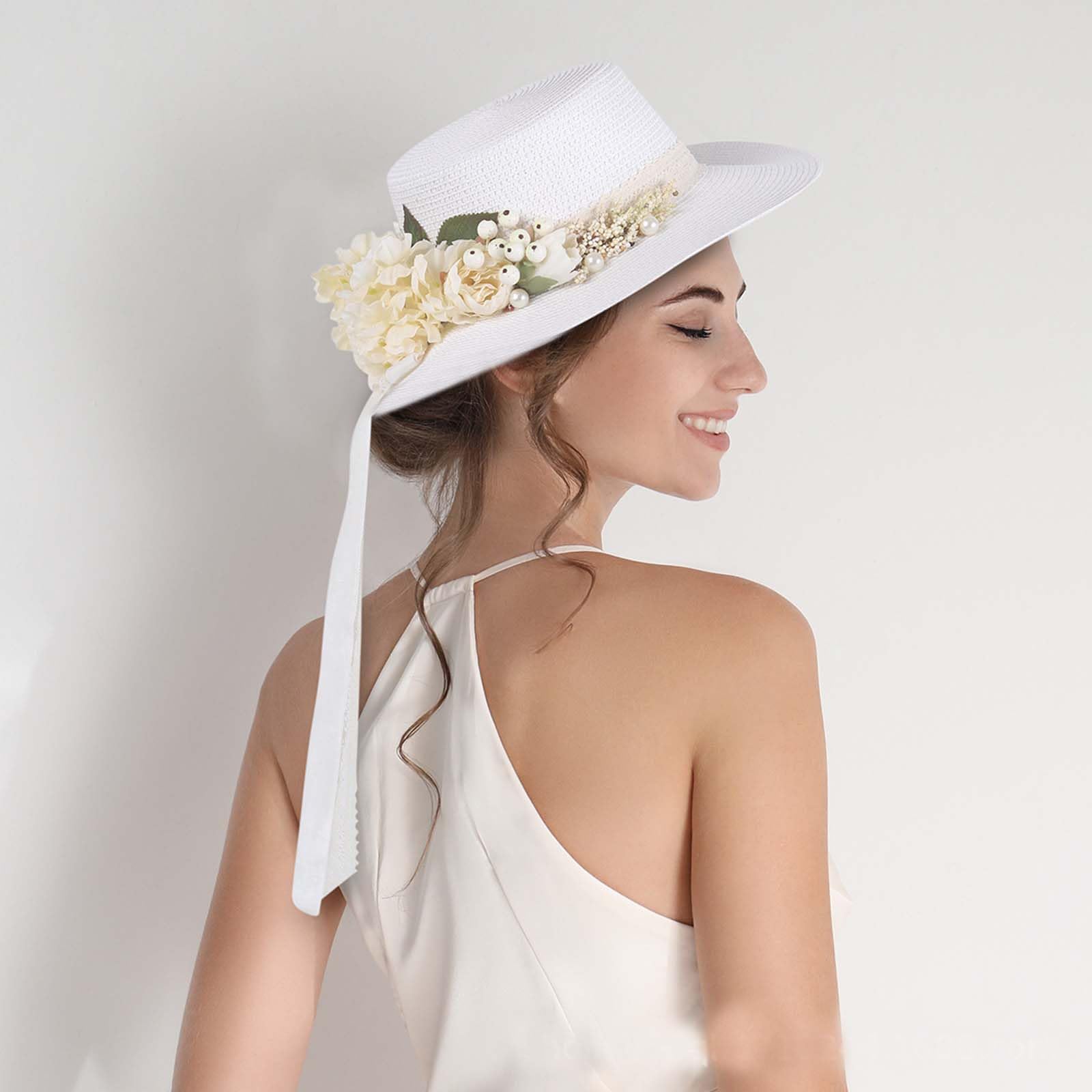 Sombrero Panamá de paja para mujer, sombrero de playa, sombrero de sol con decoración de flores, sombrero de parte superior plana, sombrero de viaje para el sol, sombrero de verano UV