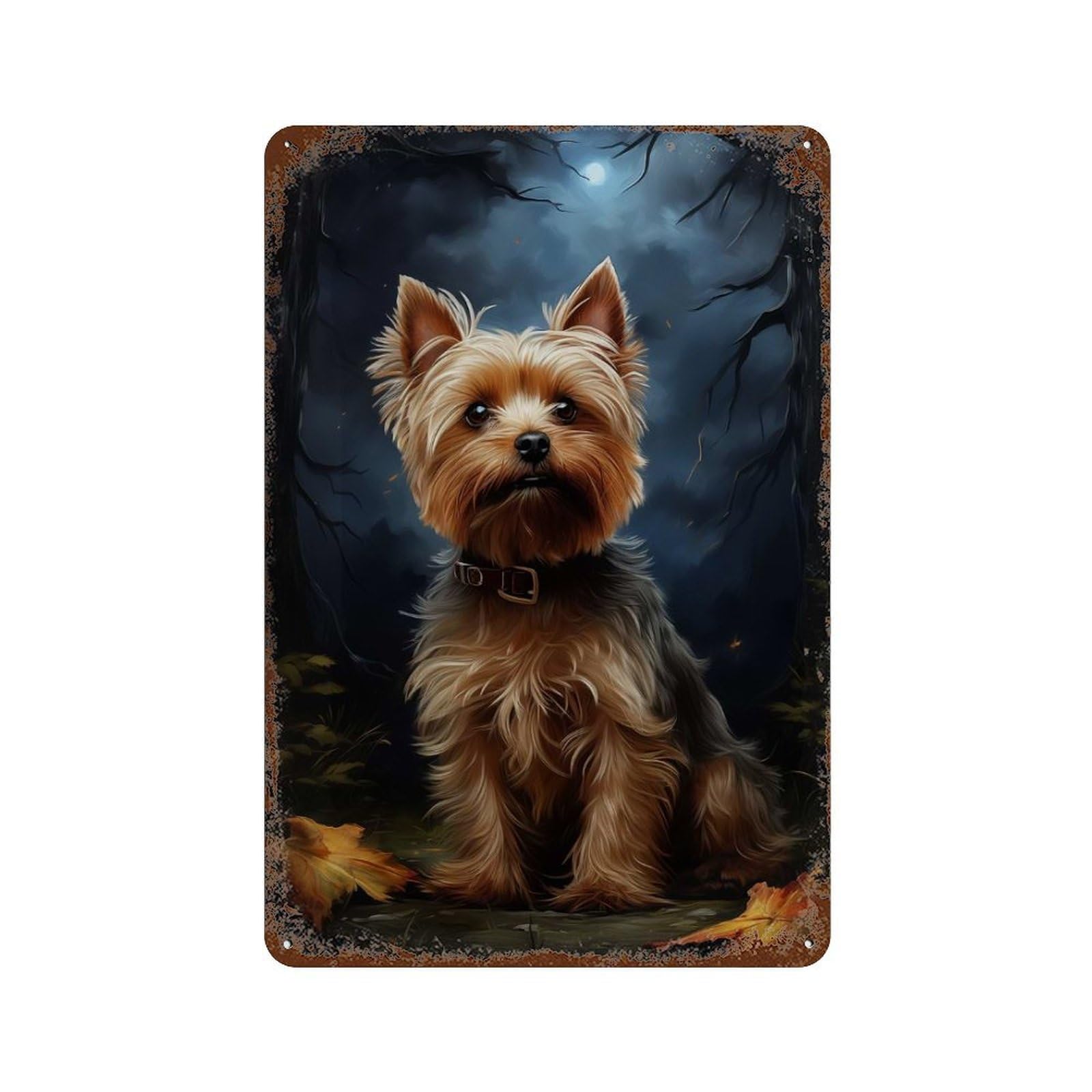 Garage Style Yorkshire Terrier at Night Decorative Tin Sign 11.8"x7.9", Rustic Home Decor for Bar And Workshop