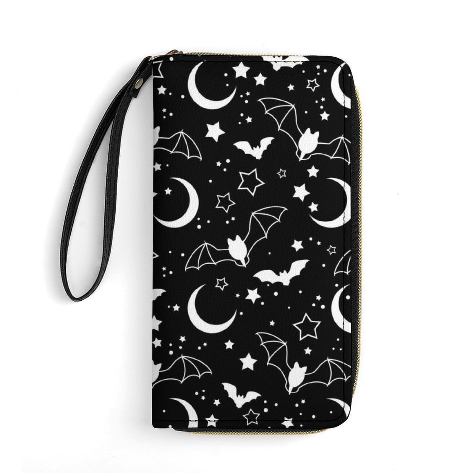 Halloween Bats Stars Moons Pattern Leather Wallet with Wrist Strap Card Holder Wallet Ladies Clutch Purses for Cash/Coin/Card/Smart Phone