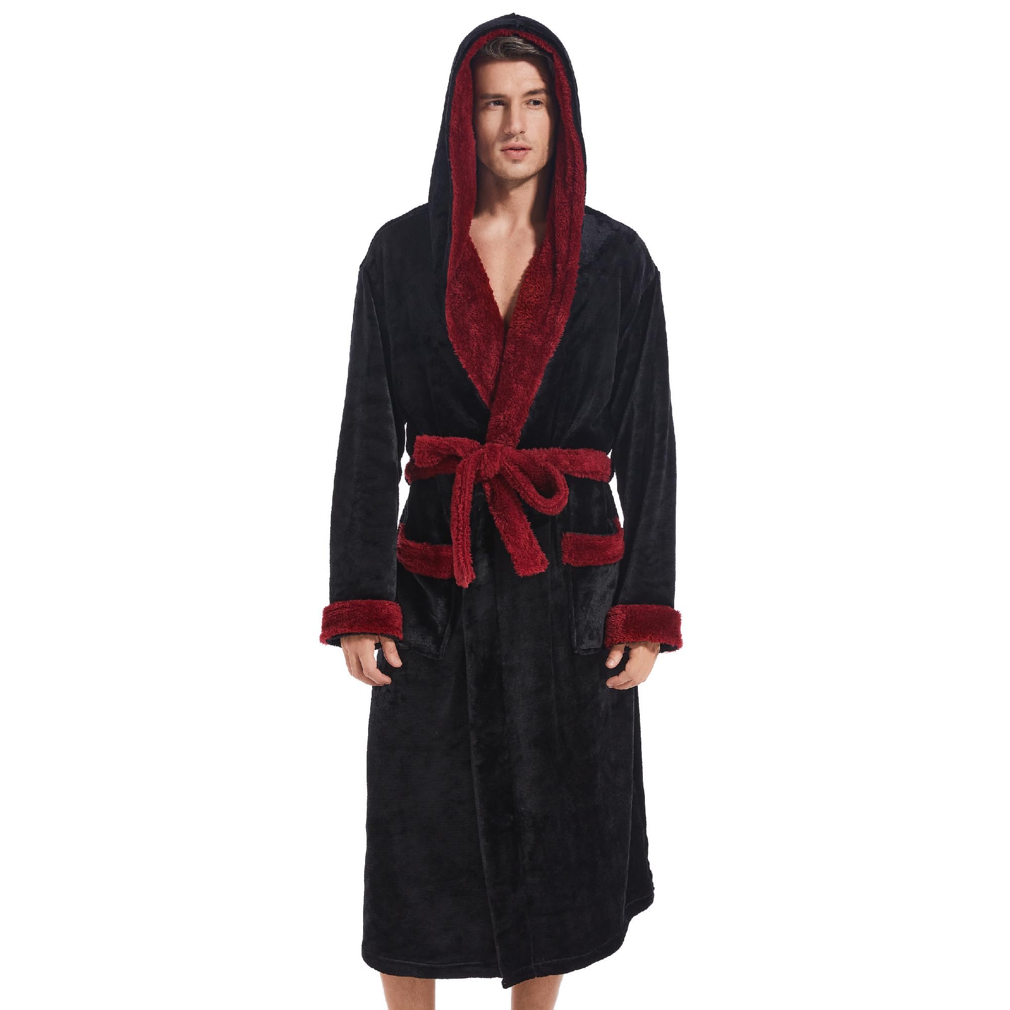 Inner Wish Mens Hooded Robe, Plush Long Bath robes Cozy Warm Bathrobe Fuzzy male Spa Robe With Pockets