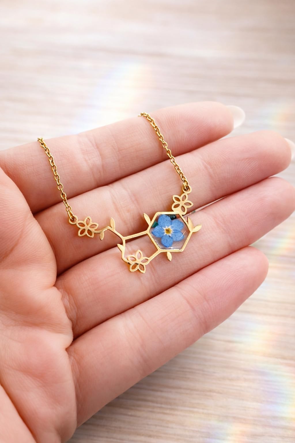 Generico BeFloral Collana Donna Molecola Di Serotonina In Acciaio Oro Con Fiore Vero Nontiscordardimè Azzurro, Gioiello Artigianale Elegante, Idea Regalo Per Lei