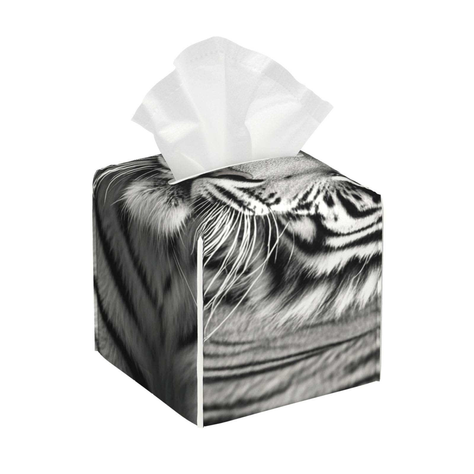 Pu Leather Cube Tissue Box Holders Modern Waterproof Square Tissue Box Cover Black and White Tiger Facial Paper Holder for Bathroom Kitchen Nightstand Office Home Decor
