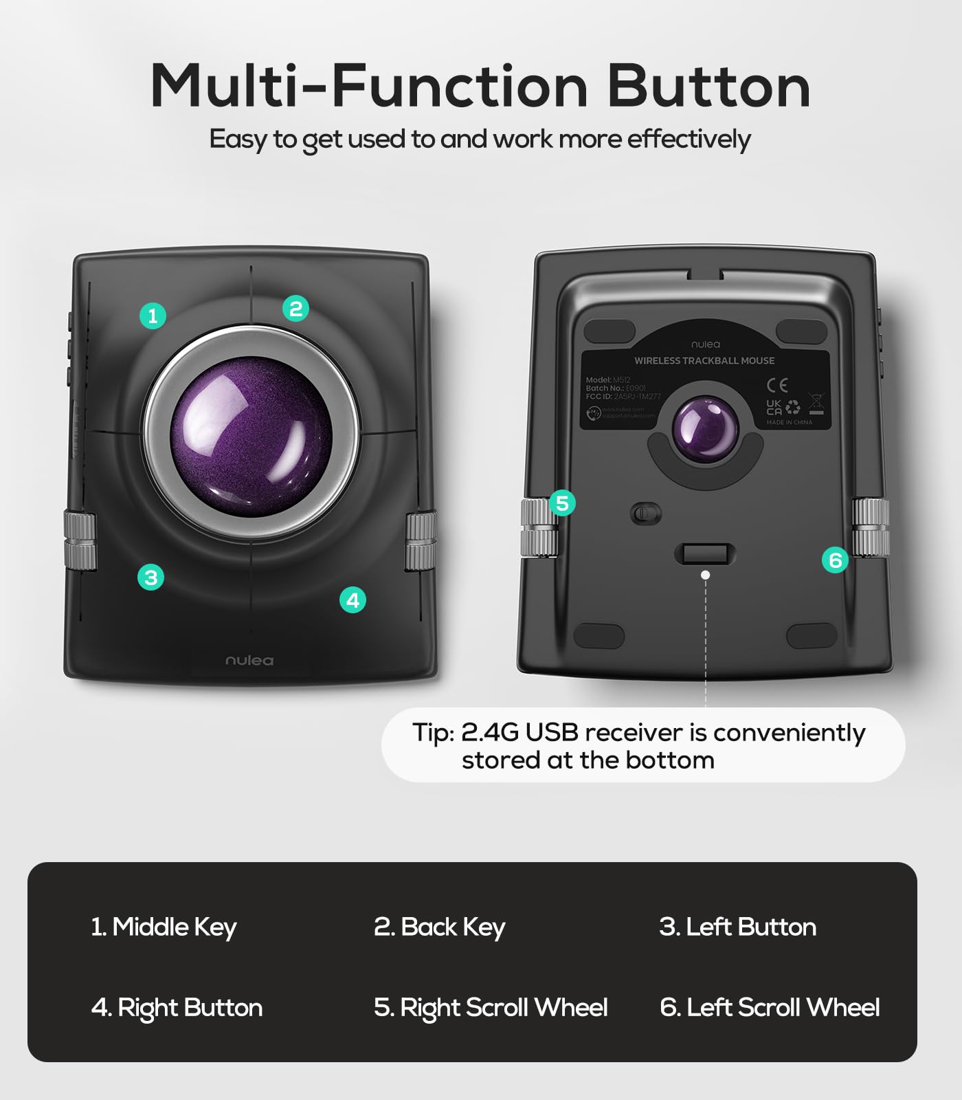Nulea M512 Kabellose Trackball-Maus, ergonomischer 55-mm-Trackball, einstellbare DPI für präzise Steuerung, kompatibel mit Links- oder Rechtshänder, wiederaufladbar-Purple