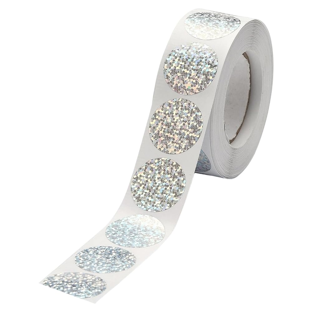 BEAMARKER 500pcs Silver Foil Stickers Roll Round Holographic Stickers Glitter 1 Inch Circle Dot Shiny Paper Iridescent Sealing Adhesive Labels Decals for Envelope Gift Tags Office Present DIY Decor
