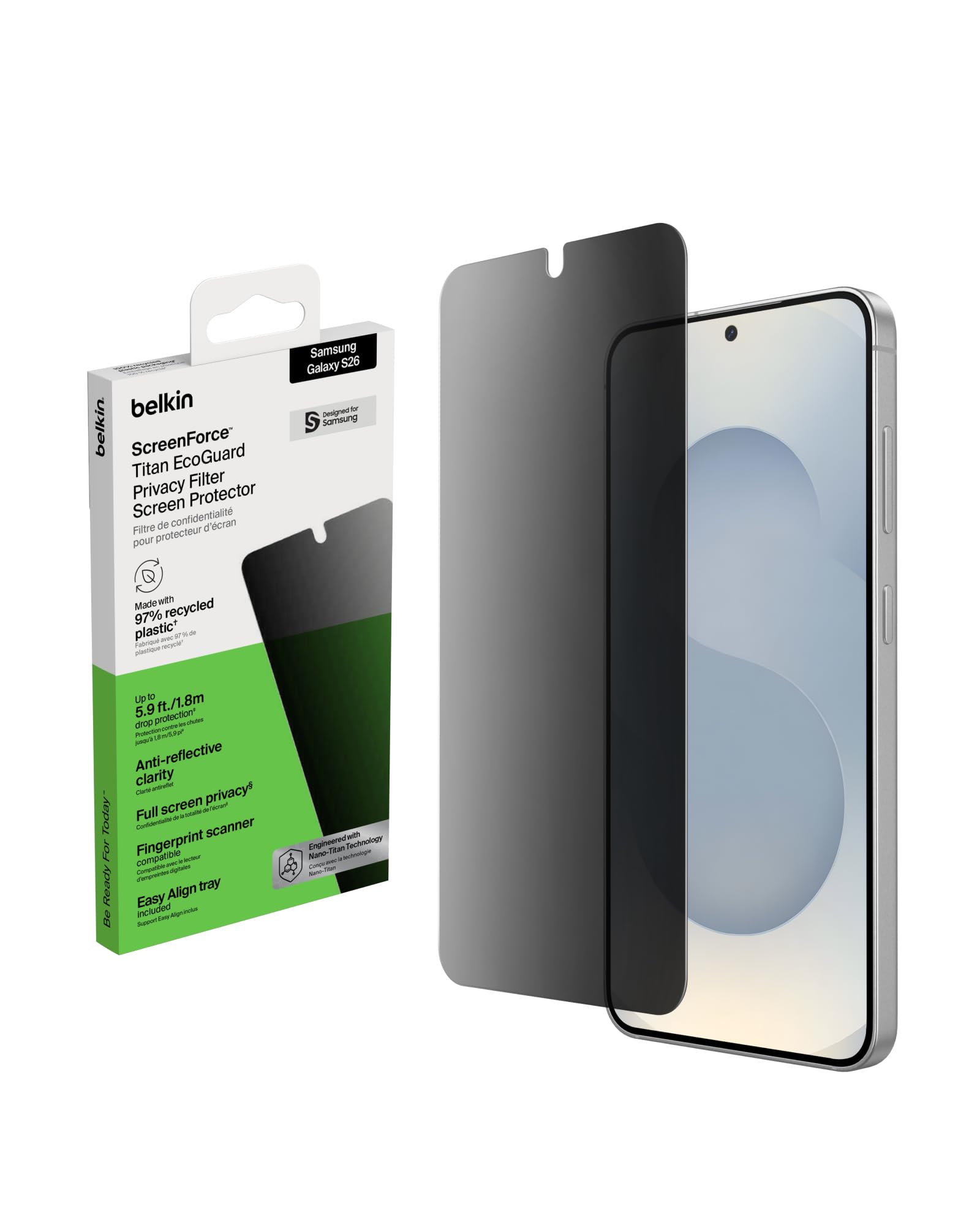 Belkin ScreenForce Titan EcoGuard Protector de Pantalla con Filtro de Privacidad, Samsung Galaxy S26, Protector Pantalla Resistente a los Arañazos e Impactos, Antihuellas, Marco de Alineación Fácil