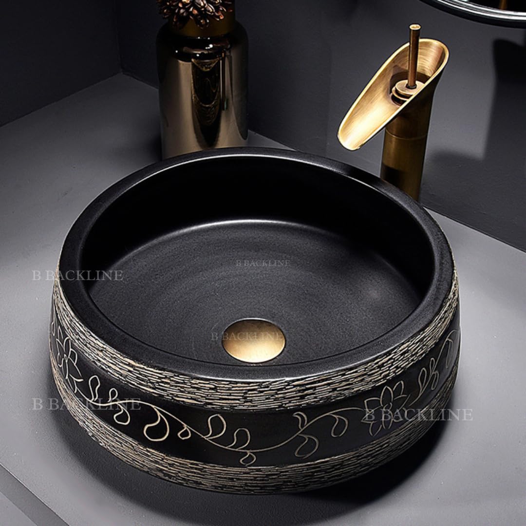 Ceramic Table Top Wash Basin/Countertop Basin Bathroom Sink/Art Basin For Bathroom & Livingroom 16.5 X 16.5 X 6 Inches (Black Matt)