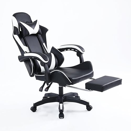 Silla de juegos con reposapiés, silla ergonómica blanca giratoria de altura ajustable, con reposacabezas y soporte lumbar, silla de computadora,