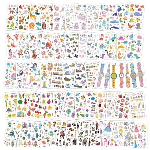 AOOWU Tatuaggi per Bambini, 500+Tatuaggi Temporanei Stickers, Adesivi Tatuaggi Set Temporanei de Unicorno Dinosauro Sirena Animali, Accessorio per Regali Fine Festa, Gadget Compleanno Bambini