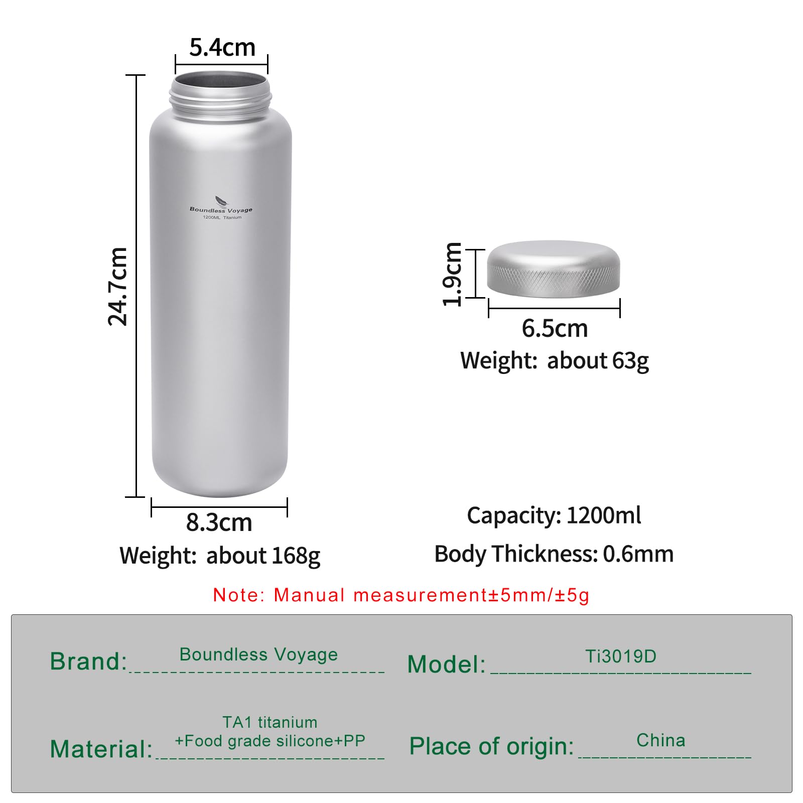 Titan Wasserflasche 1.2L breite Mundflasche große Kapazität Hydration Krügel tragbare Wasserkantine für Camping Wandern Radfahren Reisen Outdoor-Sport (TI LID-Ti3019D)