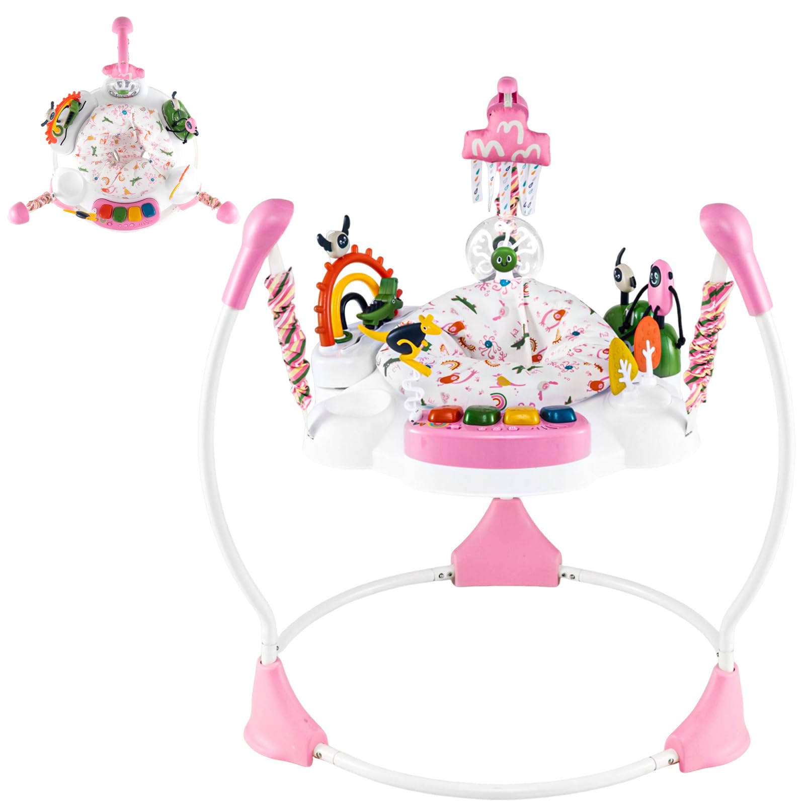GYMAX Baby Jumpers & Bouncers, Interactive Baby Jumperoo Activity Center with 360° Rotary Seat, 3 Adjustable Heights, Music, Lights, Interactive Toys, Toddler Bouncer for 6 Months+ (Pink)