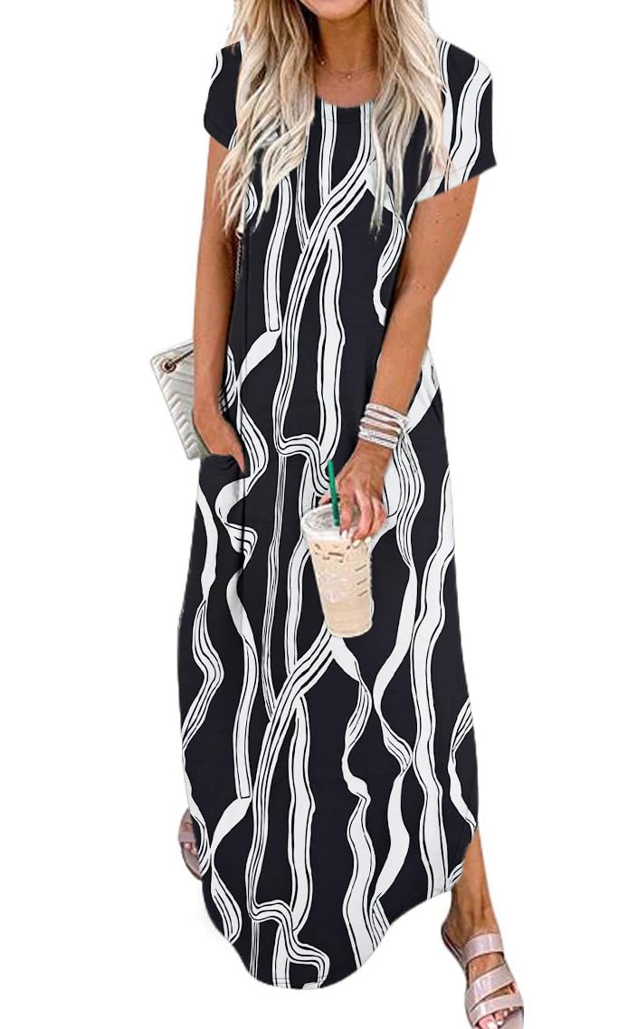 Jeqeocafy Women Summer Long Sundress Crewneck Short Sleeve Maxi Dress 2026 Casual Loose Beach Dress with Pockets