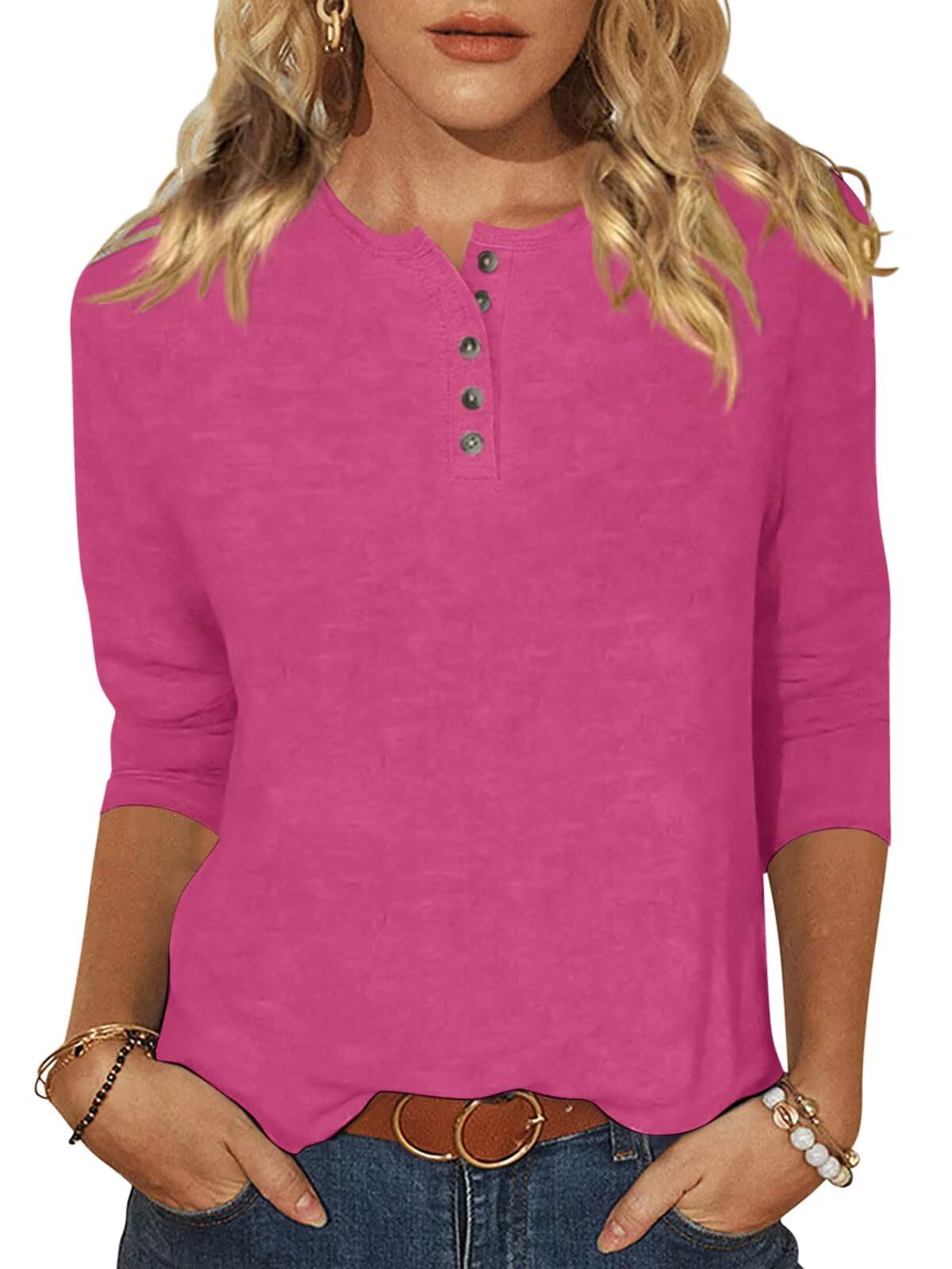 EADINVE Camiseta básica de manga 3/4 con cuello redondo para mujer, con botones, holgada, bonita, tipo túnica, sin botones