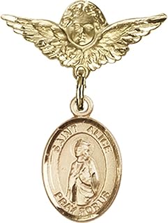 14kt Yellow Gold Baby Badge with St. Alice Charm and Angel w/Wings Badge Pin 1 X 3/4 inches