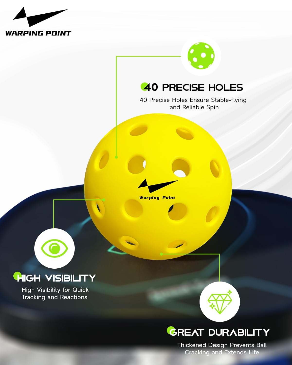Warping Point Palline da pickleball da esterno, confezione da 4 palline gialle con 40 fori, con sacchetto in rete, soddisfano le specifiche USAPA, palline resistenti ad alto rimbalzo per principianti