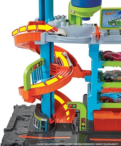 Miniatura 9 de Hot Wheels City Toy - Juego de pistas de autos de juguete, torre de carreras transformable, carreras de modo simple a doble, con vehículo a escala