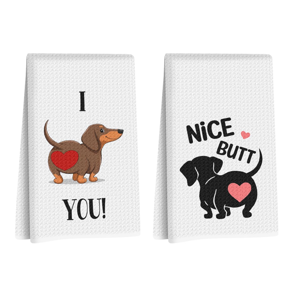 2 Pcs Dachshund Kitchen Towels 24x14 Inch, Dachshund Gifts Reusable Dish Towels for Kitchen Bathroom Decor, Waffle Weave I Love You Hand Cloth Tea Towel, Cute Dog Valentine's Gifts for Girlfriend Wife