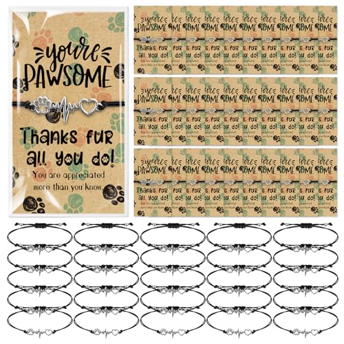 Sasylvia 30 Set Vet Tech Week Appreciation Gifts Bulk Inspirational Bracelet with You're pawsome Motivational Card Thank You Gift for Veterinary Technician Doctor Nurse Coworker Clinic Supplies