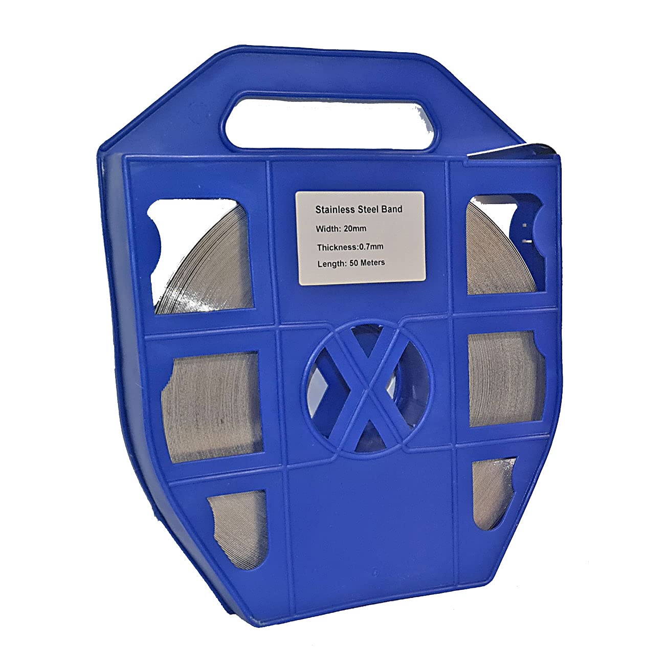 Feuillard Acier en Inox pour Cerclage, Dévidoir Bleu, Inox Gris, Largeur de 20x07mm Rouleau de 50 Mètres