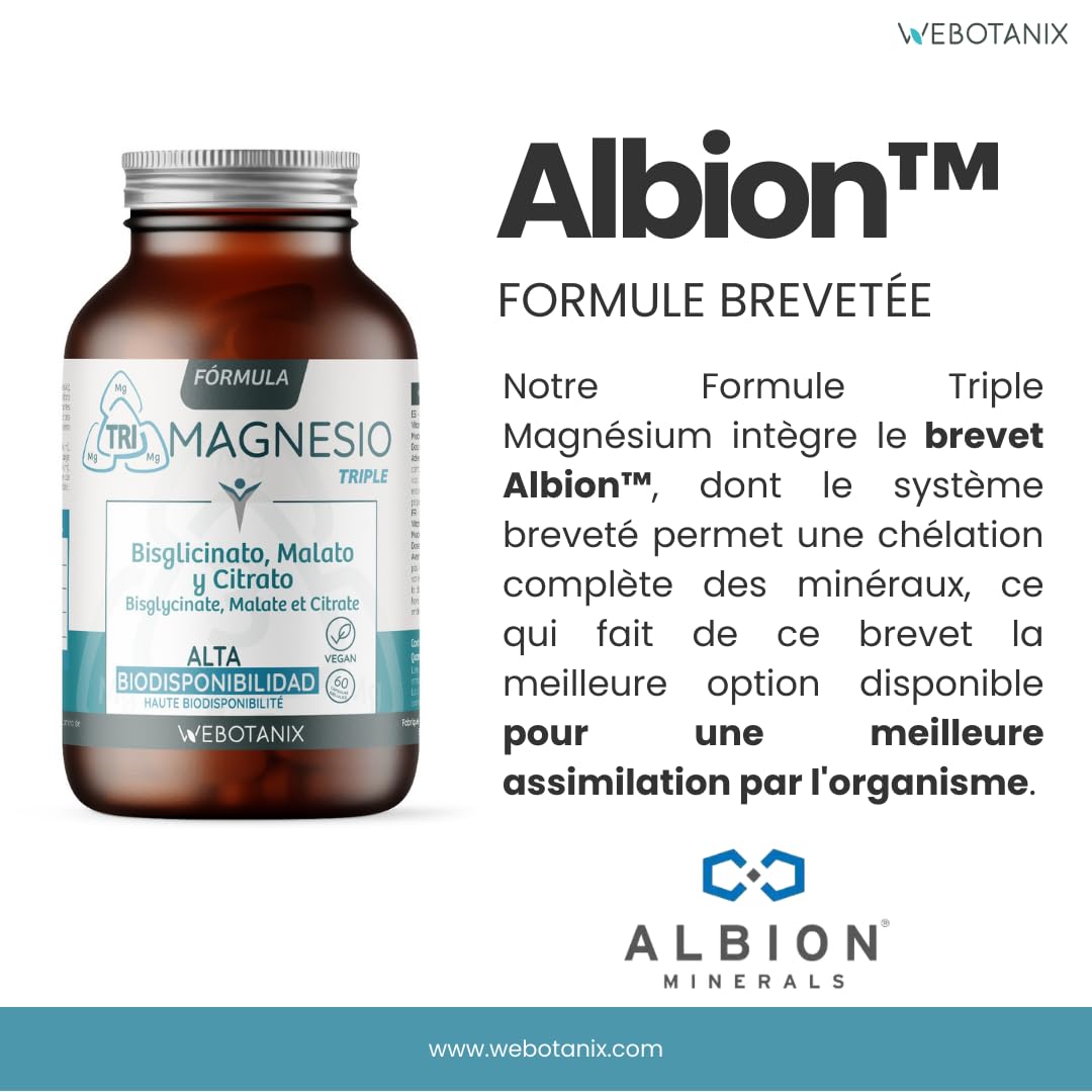 WeBotanix | Formule Triple Magnésium | Bisglycinate, Malate de Magnésium et Citrate de Magnésium avec Vitamine B6 | Énergie, Bien-être et Fonction Musculaire | Végan (120 unité)