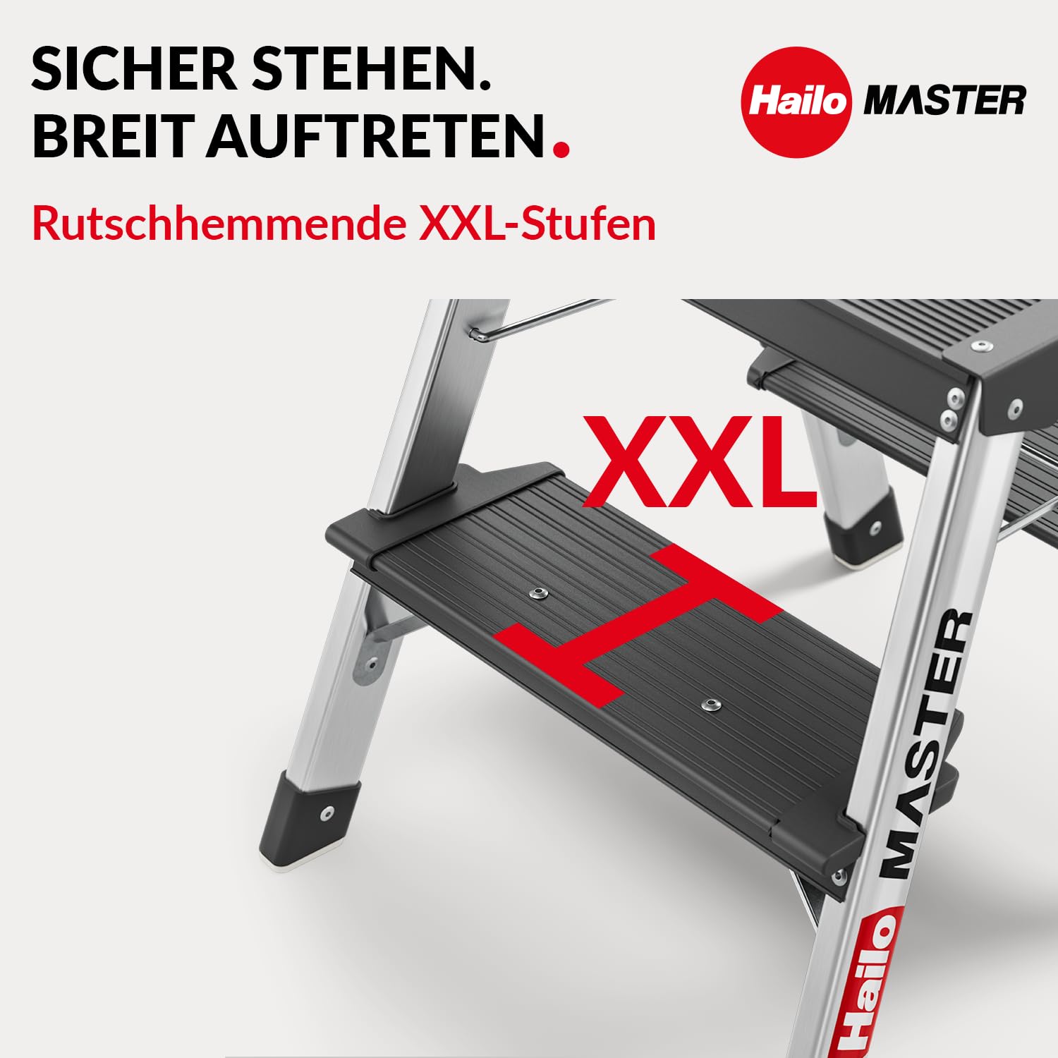 Hailo Master D70 Alu-Trittleiter 2x2 Stufen, EN 14183, bis 150 kg, Silber | Beidseitig begehbare Klappleiter, rutschhemmende Stufen, gummierte Füße, kompakt