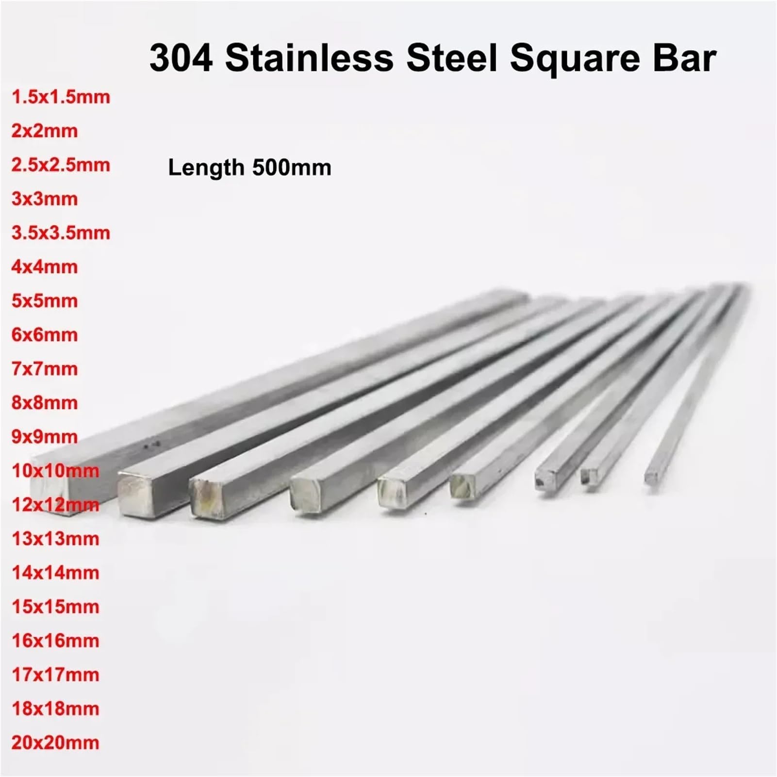 Barra quadrata in acciaio inossidabile 304, lunghezza 500 mm(5x5x500mm 1Pcs)