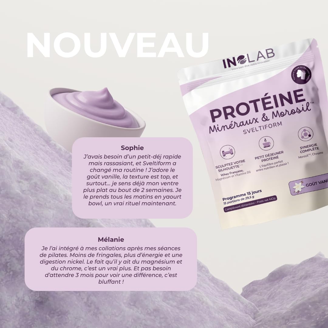 INOLAB Protéine Minceur 360 | Pure Whey Isolate + Morosil + Magnésium B6 + Chrome +Acérola | Musculation + perte de poids + Énergie | 15 encas vanille gourmand