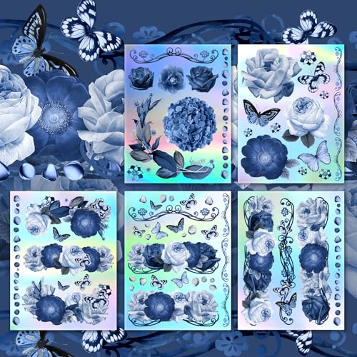 Holographic Stickers Pack # Blue Roses Dreams HANATABA Vintage Art Deco Styled Wall Laptop Large Vinyl Hologram Stickers Real Size Photorealistic Flowers