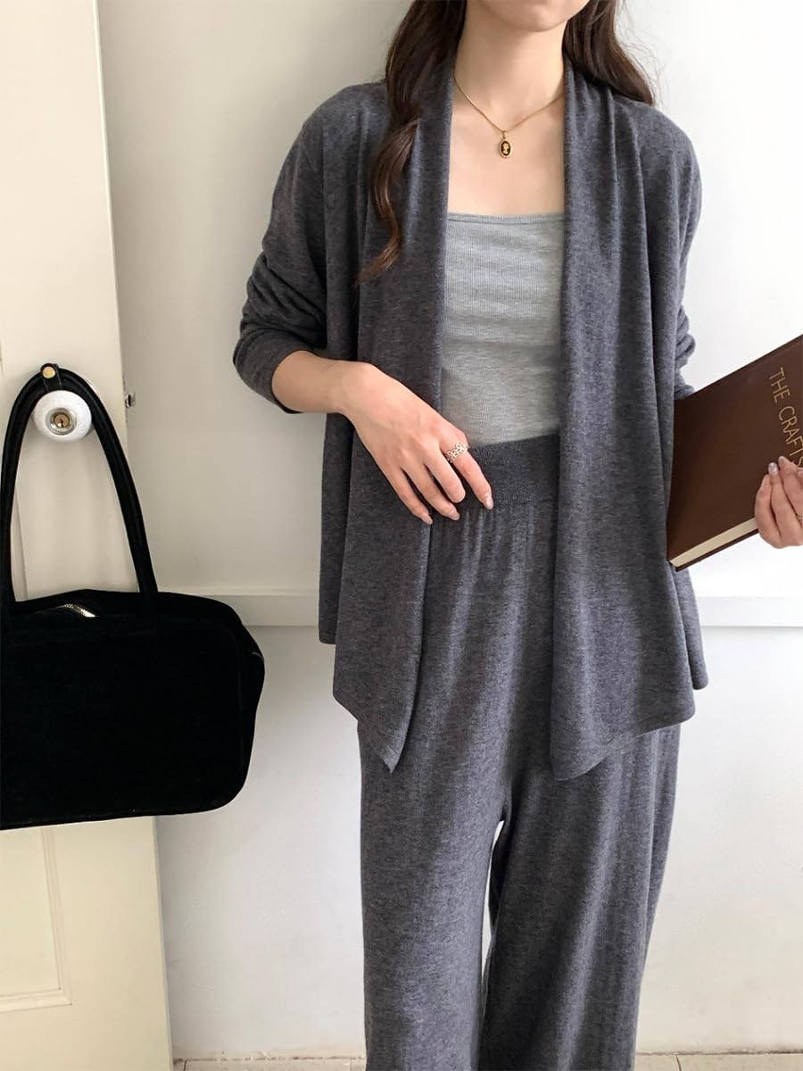 Chaqueta De Punto Mujer Cárdigan De Mujer 100% Lana Merino Sin Cuello Ni Frente Abierto Suéter De Punto Suave Y Ligero Prenda De Manga Larga para Mujer Ideal para Otoño Uso Casual Nego